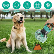 Portable Dog Pooper Scooper – Six-Claw Grabber with Bag Slot shown in use near a golden retriever in a park, highlighting hygienic pet waste pickup.